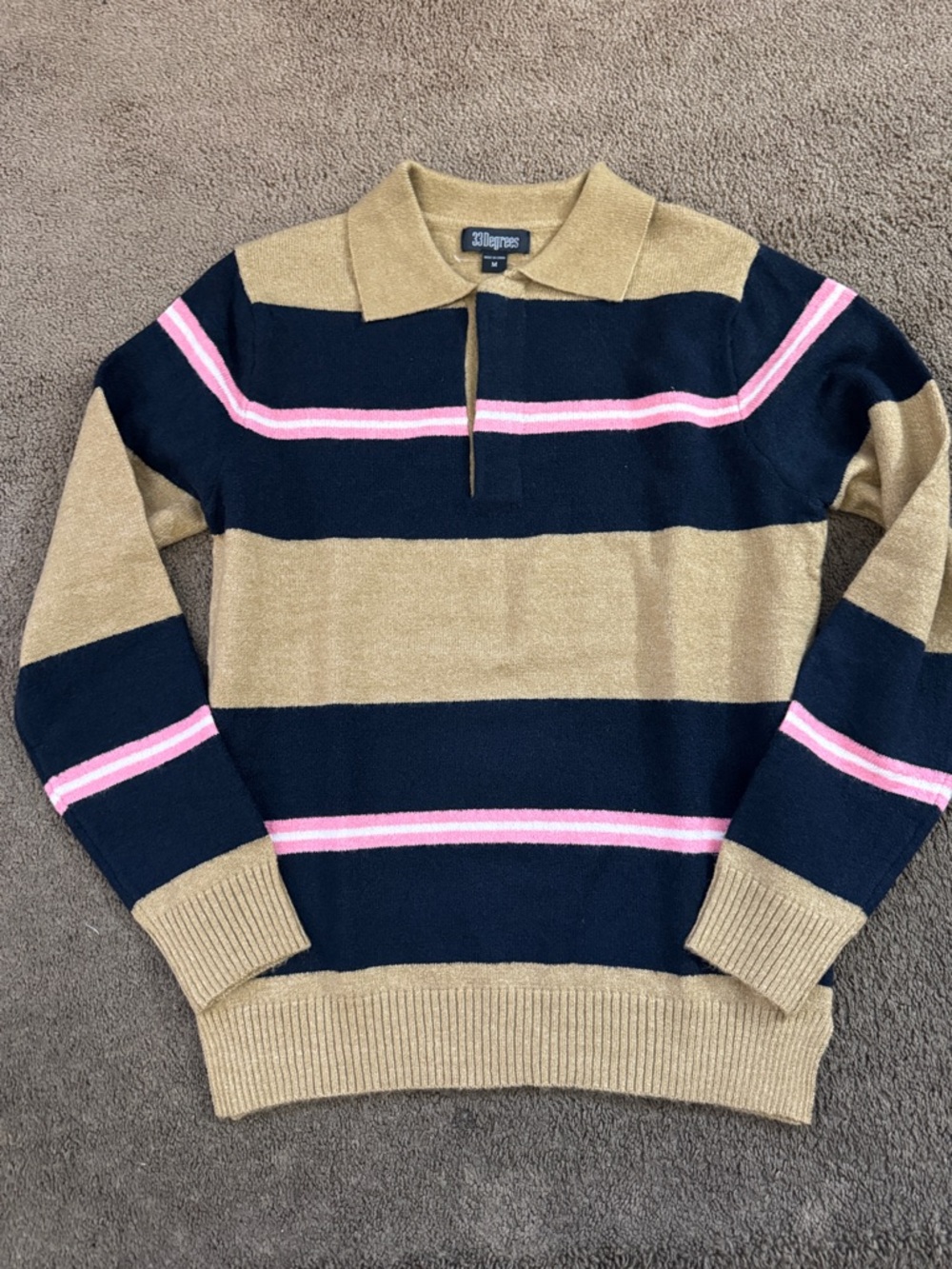 32 Degrees Men’s Striped Zip Polo Sweater - Black, Tan & Pink